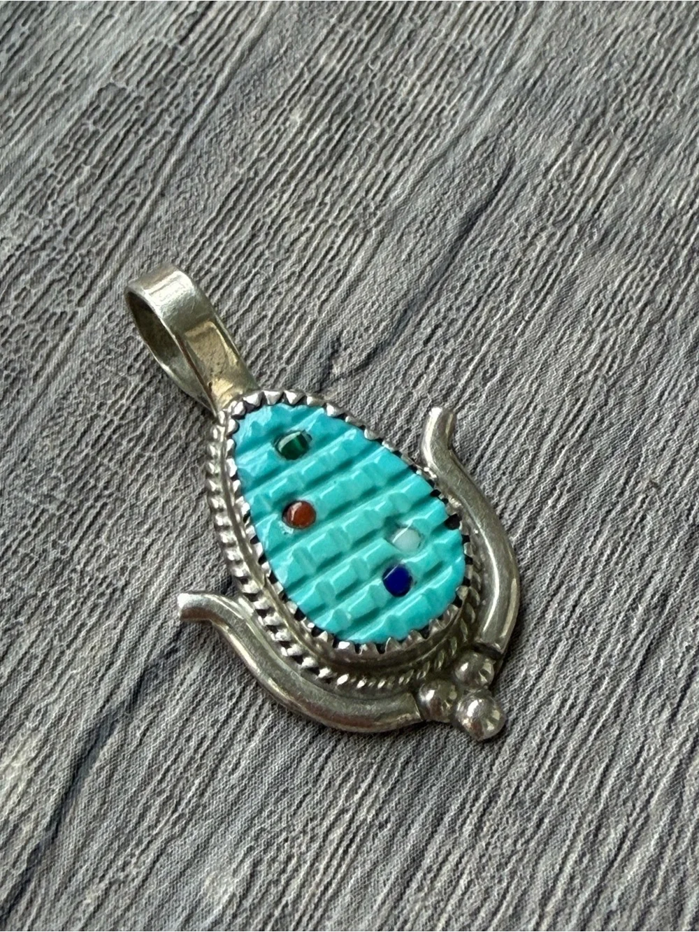 Native American Zuni Handmade Turquoise Corn Multi-Stone Teardrop Pendant Inlay